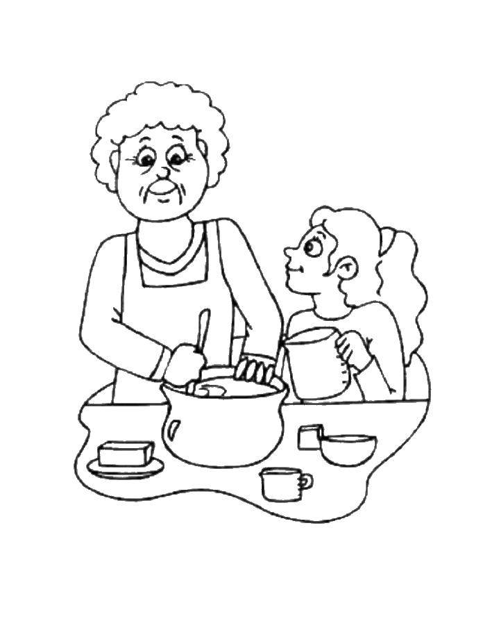 Розмальовки  Бабуся спекла для внучки пиріг. Завантажити розмальовку Родина, бабуся, внучка, їжа, кухня.  Роздрукувати ,Їжа,