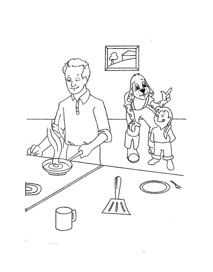 Розмальовки  Тато готує для сина і собачки. Завантажити розмальовку їжа , кухар, кухня.  Роздрукувати ,Їжа,