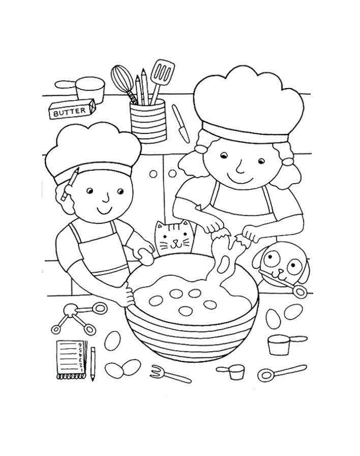 Опис: розмальовки  Кухарі готують на кухні, а песик і кошеня спостерігають. Категорія: Їжа. Теги:  їжа , кухар, кухня.