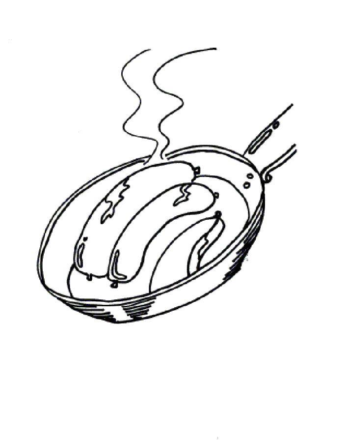 Розмальовки  Сосиски на сковороді. Завантажити розмальовку їжа , сосиски.  Роздрукувати ,Їжа,