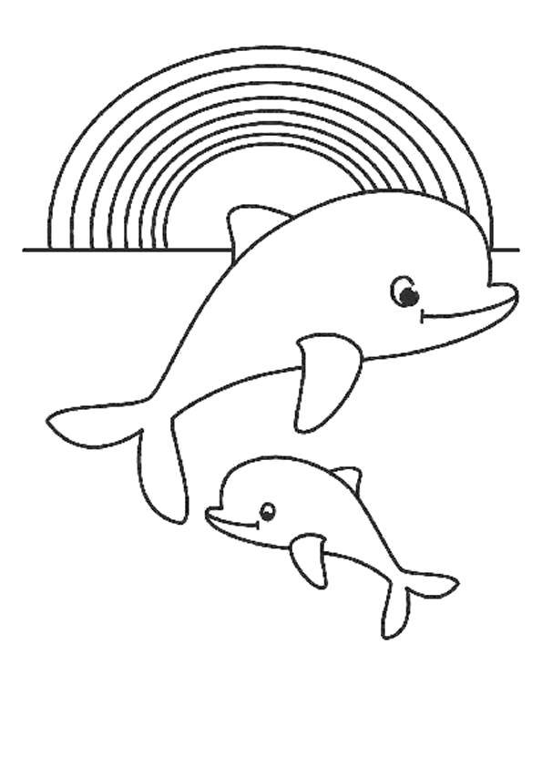 Название: Раскраска Дельфинчики у радуги. Категория: морское. Теги: Подводный мир, дельфин.