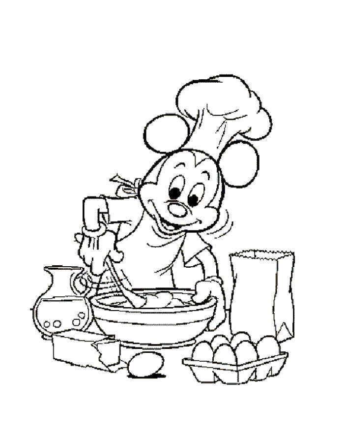 Coloring Mickey mouse prepares cake. Category Cartoon character. Tags:  Cartoon character, Mickey mouse.