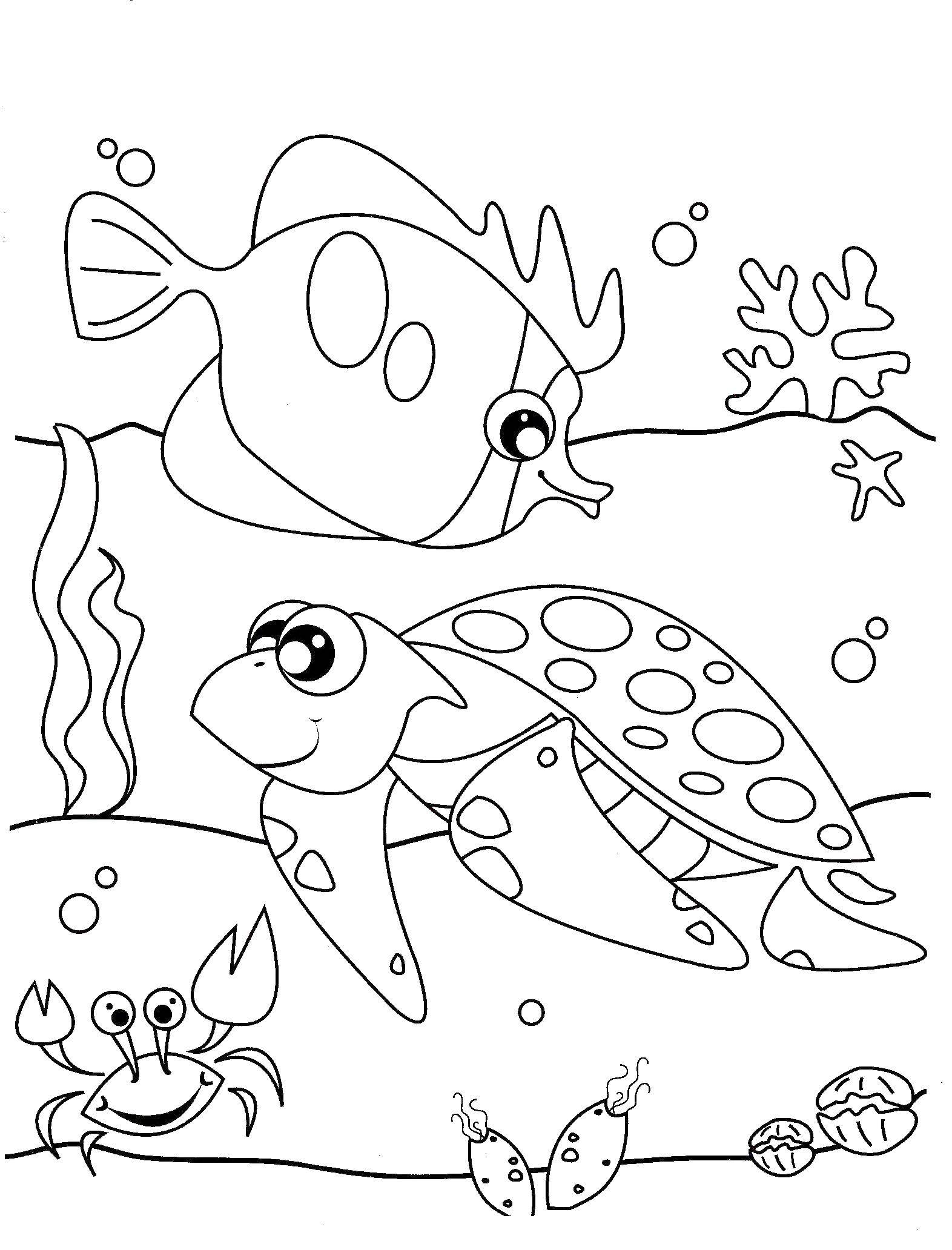 Название: Раскраска Морская жизнь. Категория: морское. Теги: Подводный мир, рыба, черепашка, краб.