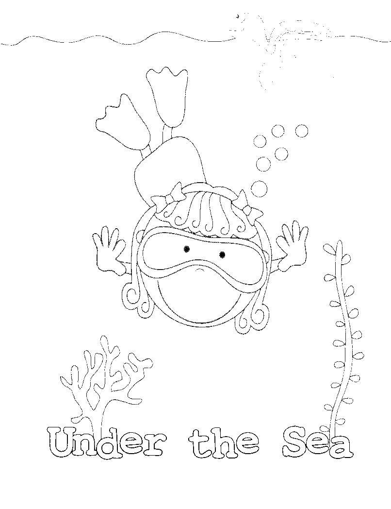Название: Раскраска Ныряльщик под водой. Категория: морское. Теги: черепаха, вода.