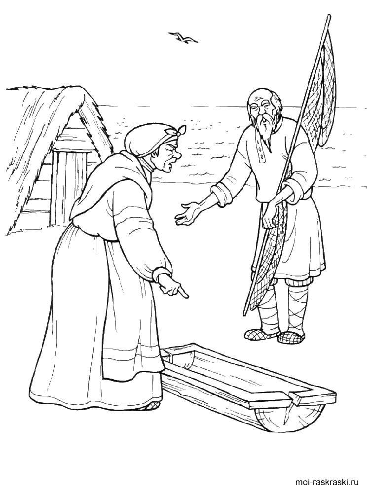 Coloring Grandma and trough. Category Coloring pages for kids. Tags:  Gold fish , a trough, grandmother.