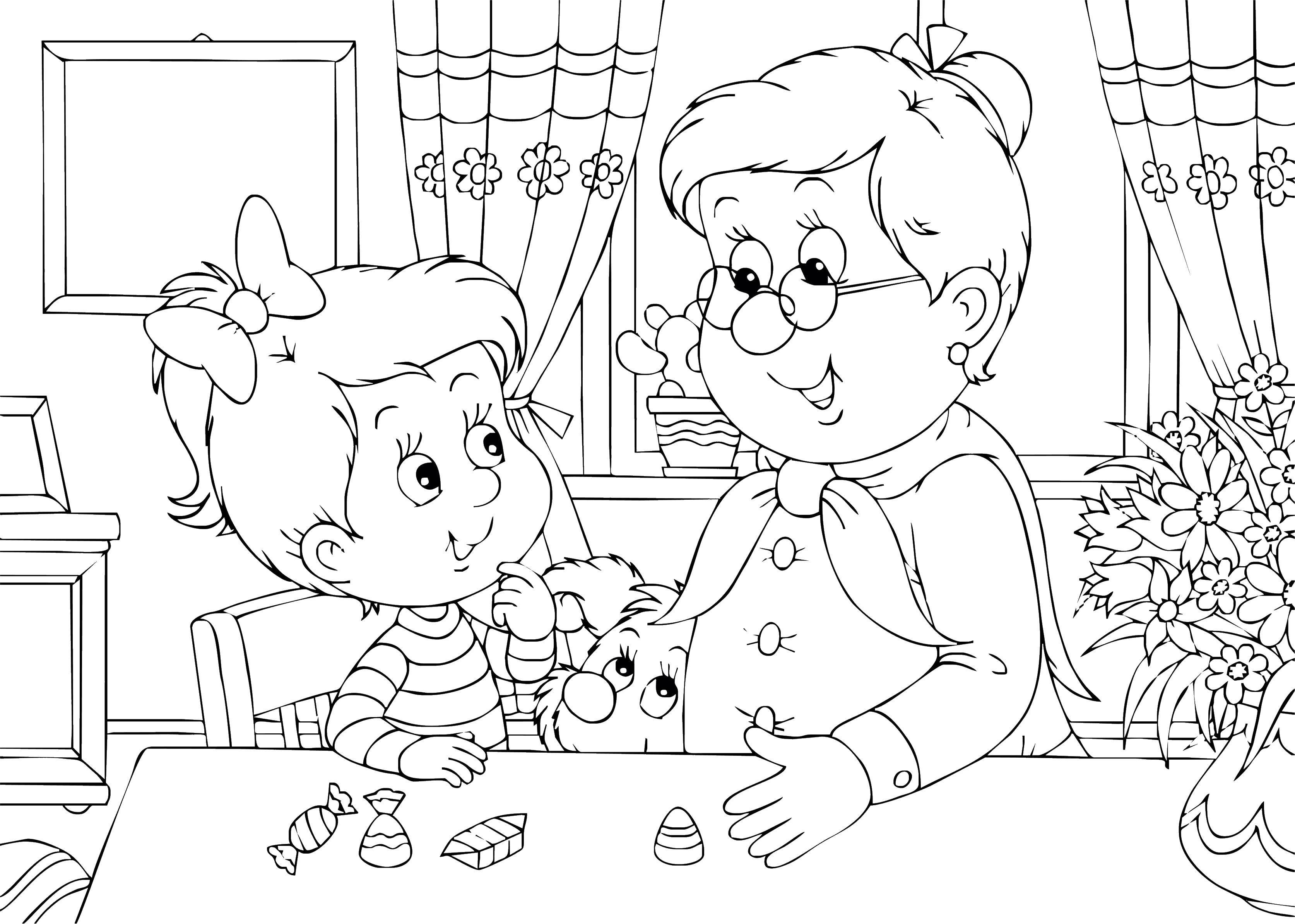 Coloring Grandmother with granddaughter. Category Coloring pages for kids. Tags:  grandmother, granddaughter.