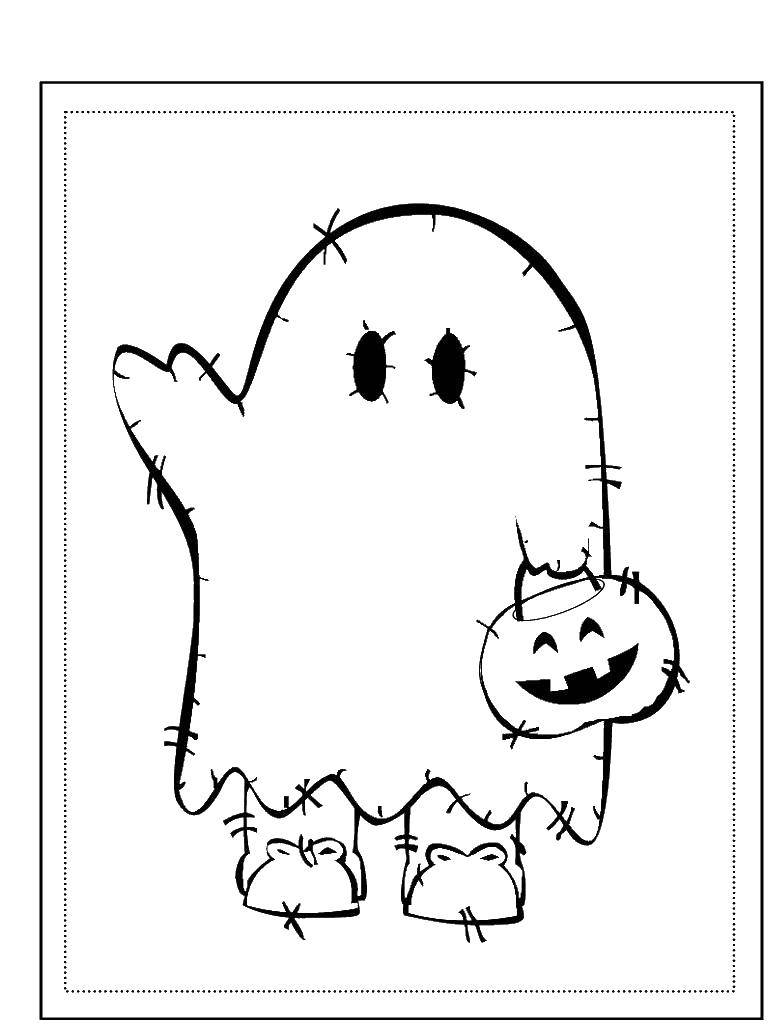 Название: Раскраска Мальчик в костюме призрака собирает сладости на хэллоуин. Категория: Хэллоуин. Теги: Хэллоуин, приведение, тыква.