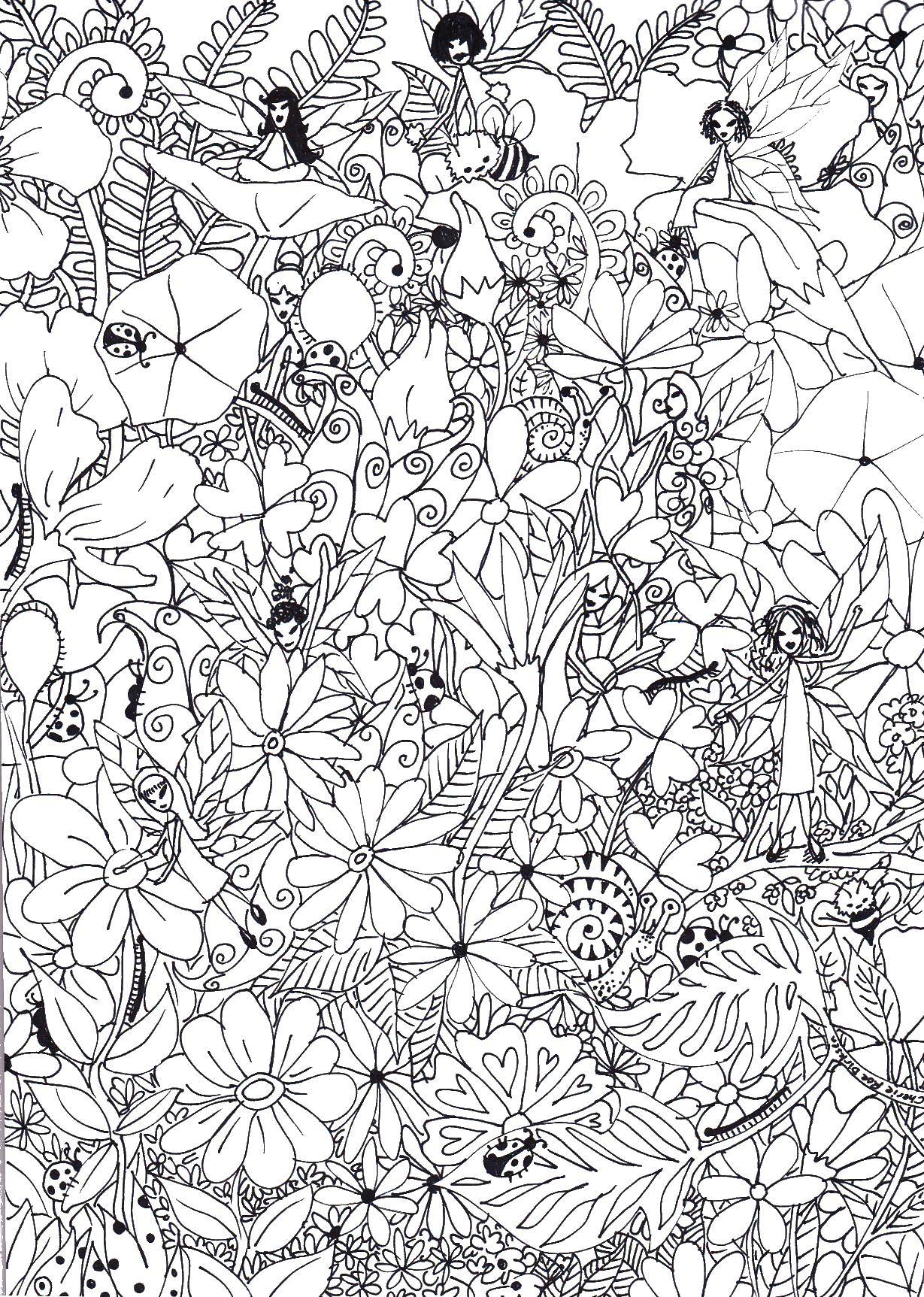 Coloring Flowers and fairies. Category coloring antistress. Tags:  fairies, flowers.