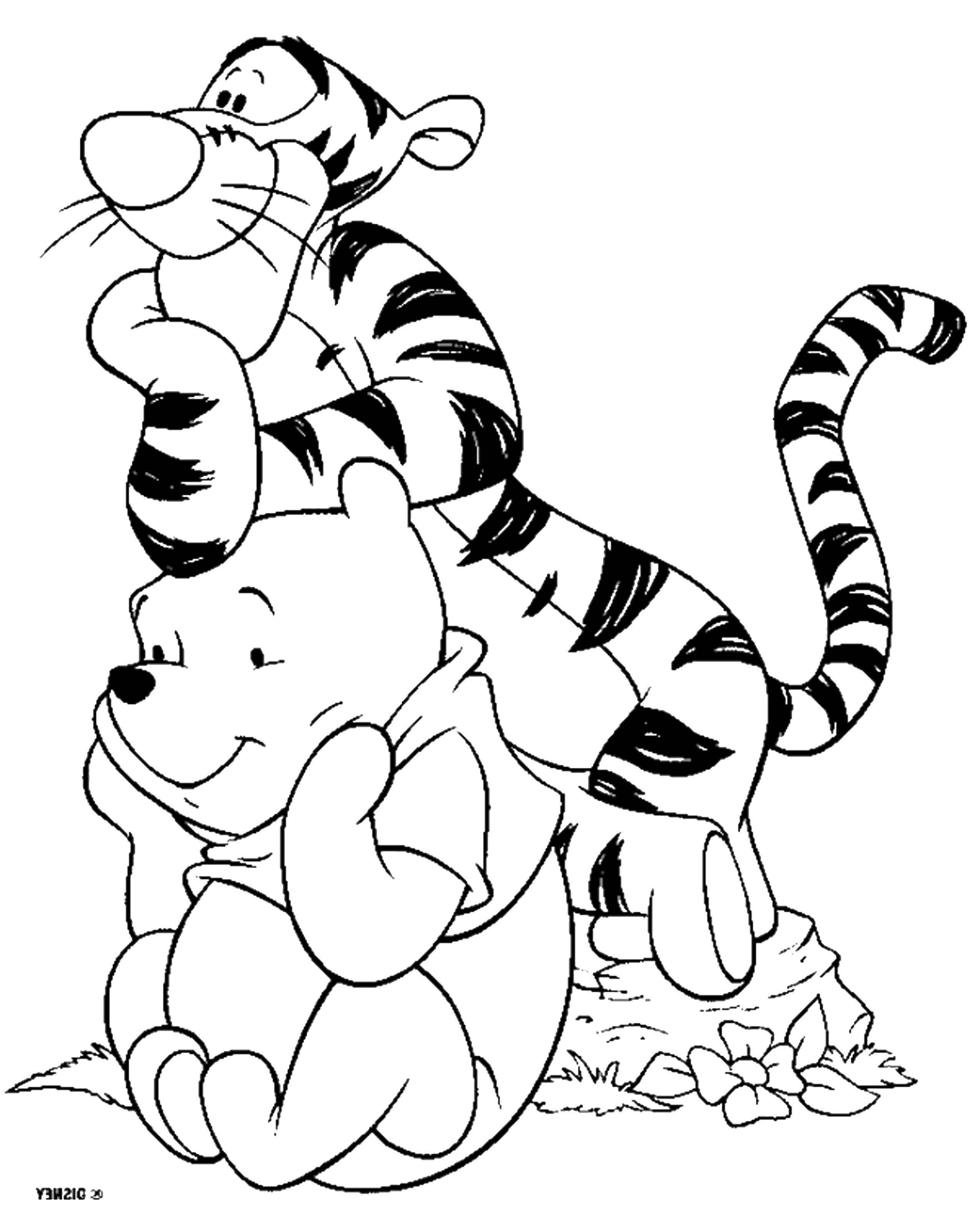 Розмальовки  Тигра і вінні сидять і дивляться в далечінь. Завантажити розмальовку тигра, Вінні пух.  Роздрукувати ,Розмальовки для малюків,