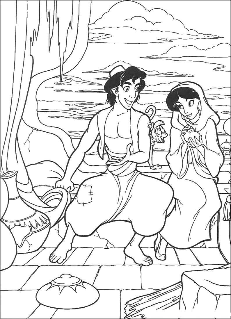 Coloring Aladdin. Category Coloring pages for kids. Tags:  Aladdin, Princess Scheherazade, monkey Abu.