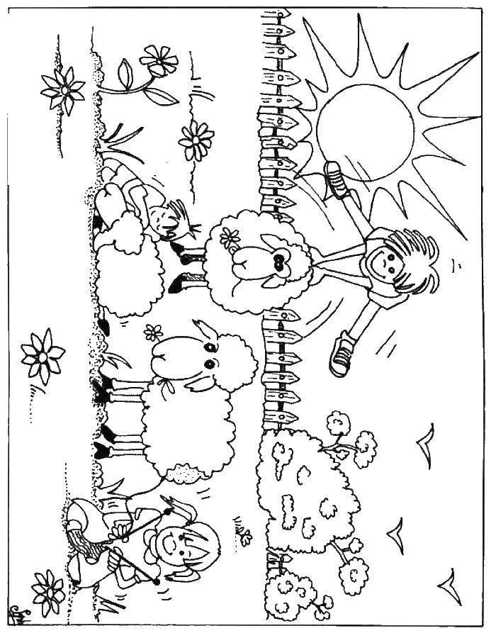Название: Раскраска Дети играют с овечками в солнечный день. Категория: Раскраски для малышей. Теги: Дети, игра, природа, веселье, овечки, солнце.