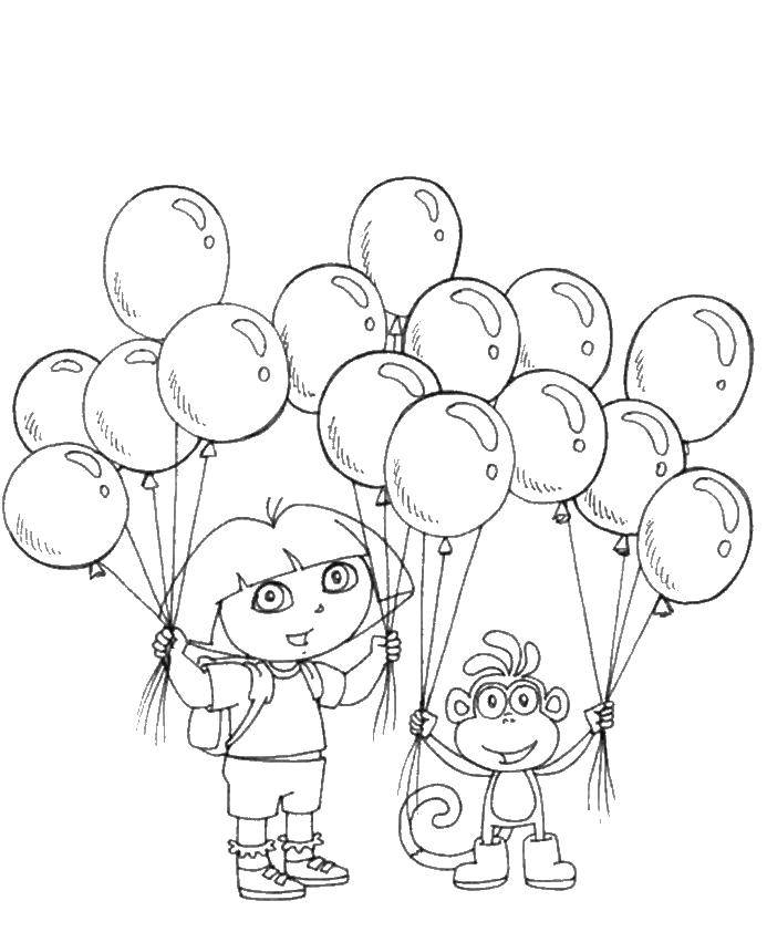 Coloring Girl with balls and Obezyanka. Category Coloring pages for kids. Tags:  girl, balloons, monkey.