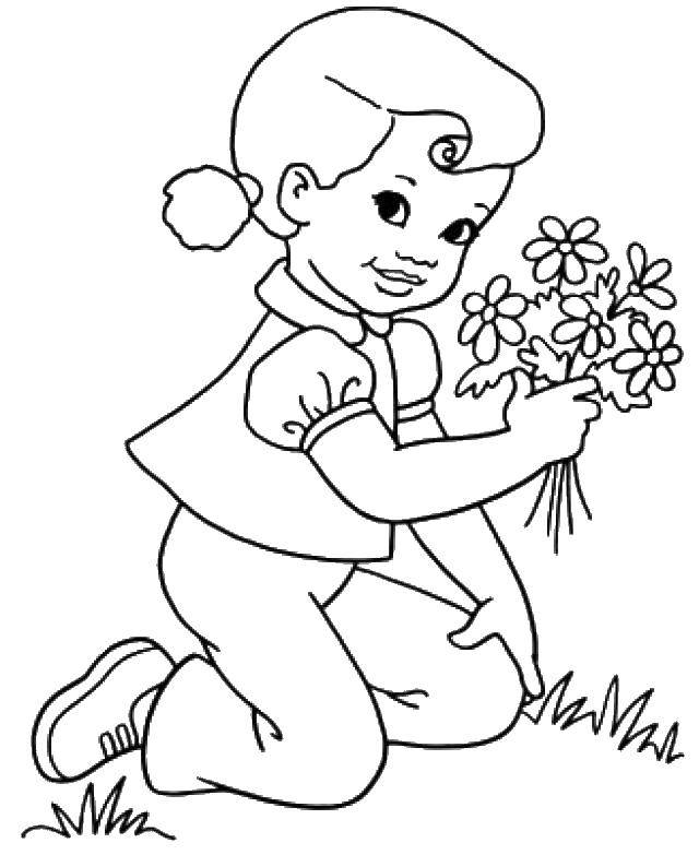Название: Раскраска Девочка собрала букет полевых цветов. Категория: Раскраски для малышей. Теги: девочка, букет цветов.