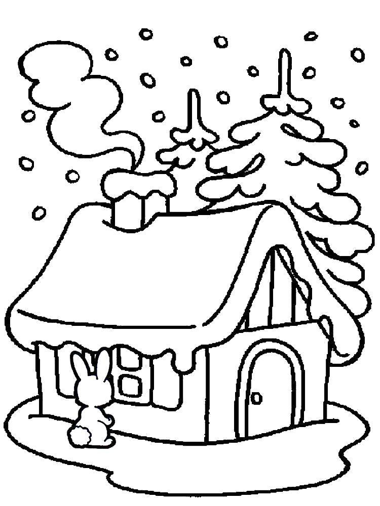 Coloring Bunny in the winter Wonderland. Category Coloring pages for kids. Tags:  Winter, house, Bunny.