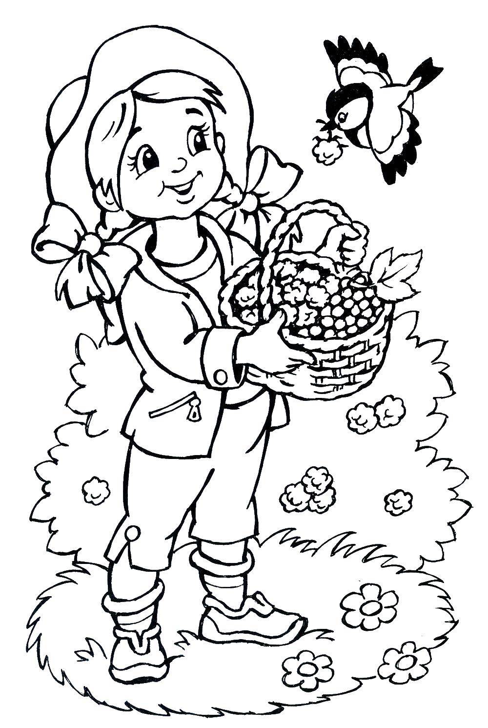 Название: Раскраска Девочка с корзиной ягод. Категория: Люди. Теги: Девочка, корзина, птица.