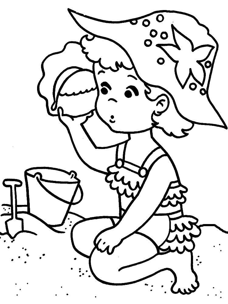 Название: Раскраска Девочка с ракушкой на пляже. Категория: Пляж. Теги: девочка, пляж.