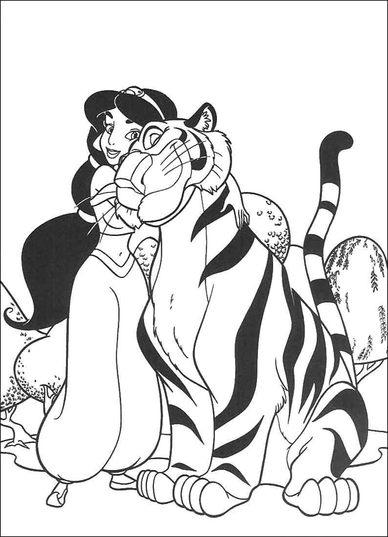 Coloring Princess Jasmine is hugging a tiger. Category Coloring pages for kids. Tags:  Princess , Jasmine, Aladdin.