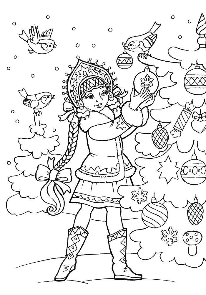 Название: Раскраска Снегурочка наряжает елку. Категория: новый год. Теги: снегурочка.