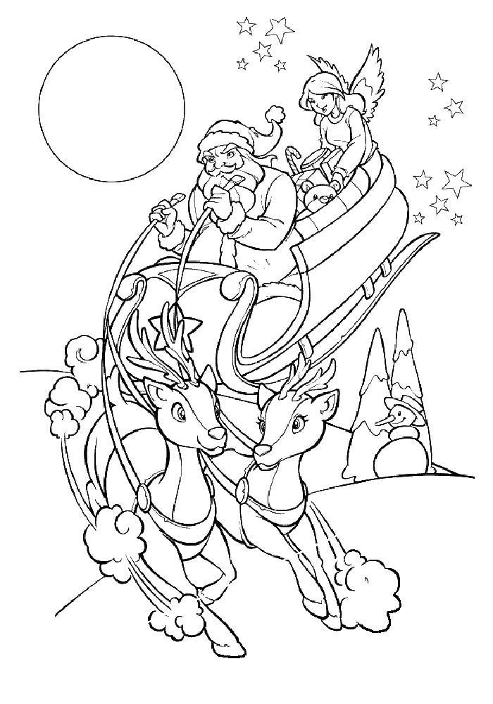 Название: Раскраска Дед мороз на сонях с оленями. Категория: новый год. Теги: Дед мороз, подарки.