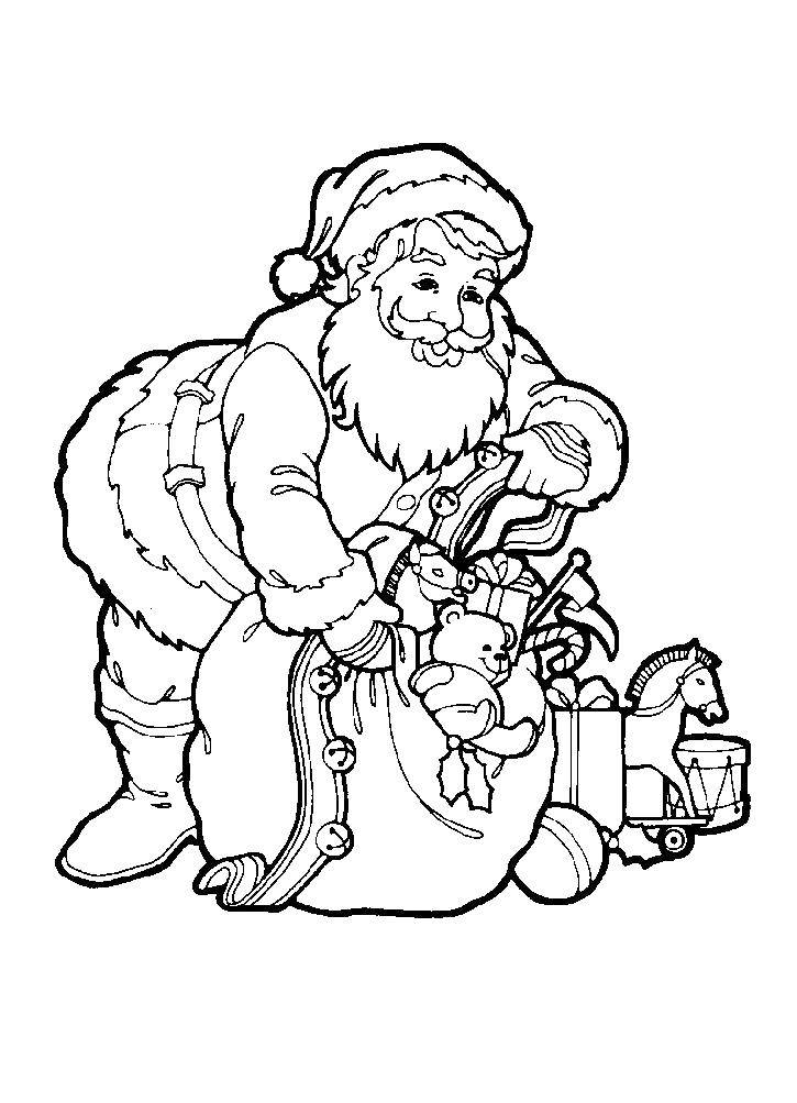 Coloring Santa Claus collects gifts. Category new year. Tags:  Santa Claus, gifts.
