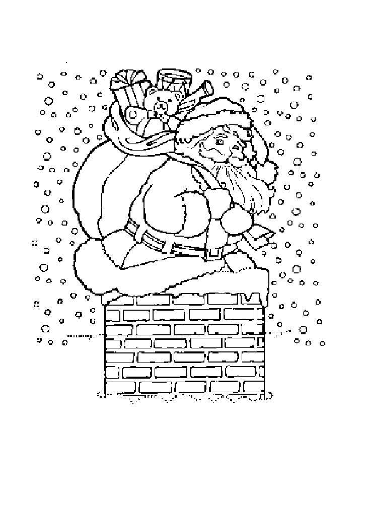 Название: Раскраска Дед мороз спускается в дымоход. Категория: новый год. Теги: Дед мороз.