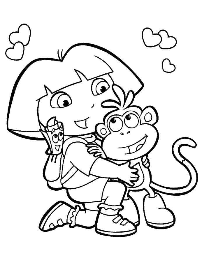 Название: Раскраска Дора обнимает обезьянку. Категория: Дора. Теги: Дора, обезьянка.
