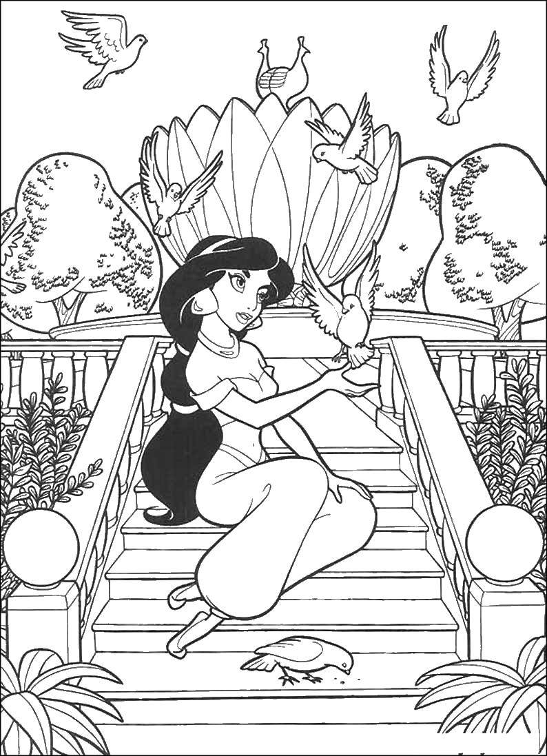 Название: Раскраска Принцесса жасмин в саду с птичками. Категория: Диснеевские мультфильмы. Теги: Принцесса, Жасмин, Аладдин.
