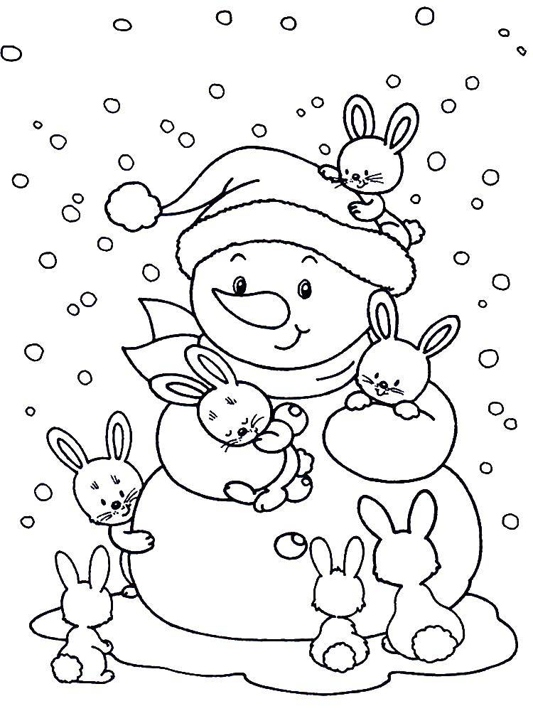 Название: Раскраска Снеговик и зайчики. Категория: снег. Теги: снеговик.