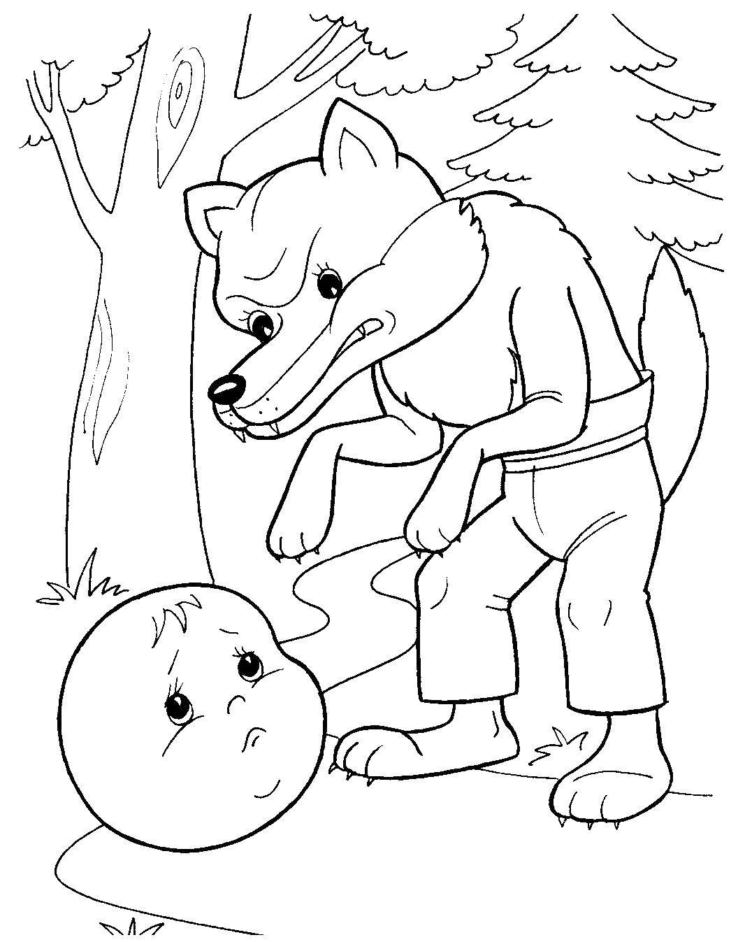 Coloring The bun and the grey wolf. Category Fairy tales. Tags:  gingerbread man , wolf.