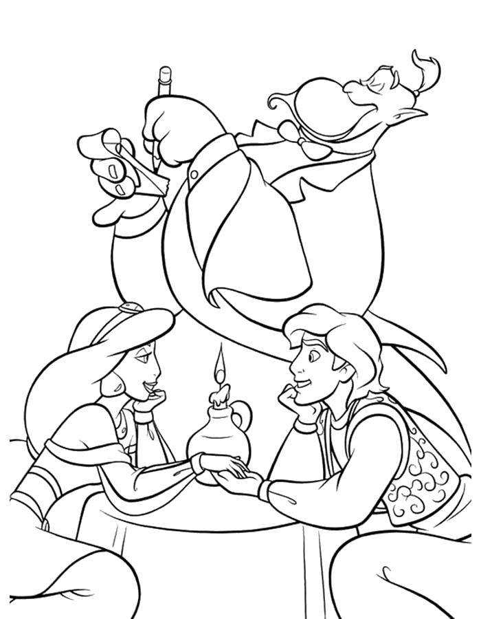 Coloring Princess Jasmine and her lover. Category Disney coloring pages. Tags:  Disney, Jasmine.
