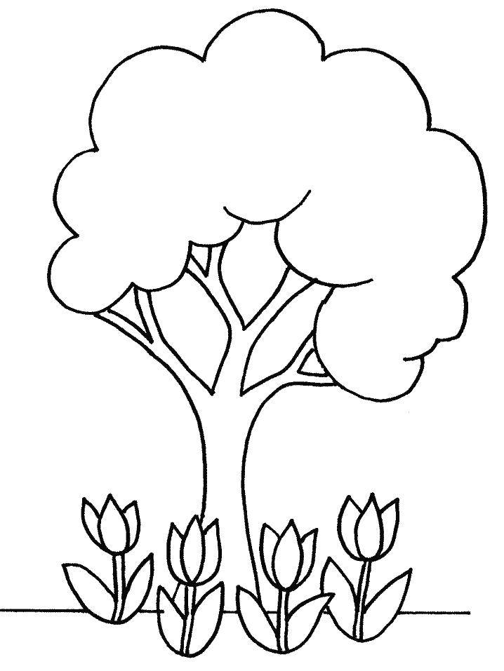 Название: Раскраска Тюльпаны растут под деревцем. Категория: Природа. Теги: Природа, лес, дерево, тюльпаны, цветы.