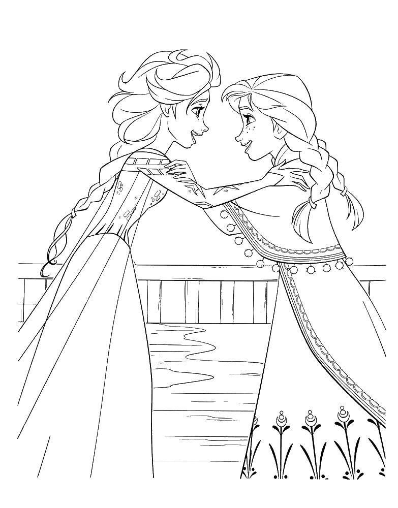 Coloring Anna and Elsa hugging. Category Disney cartoons. Tags:  Anna , Elsa.