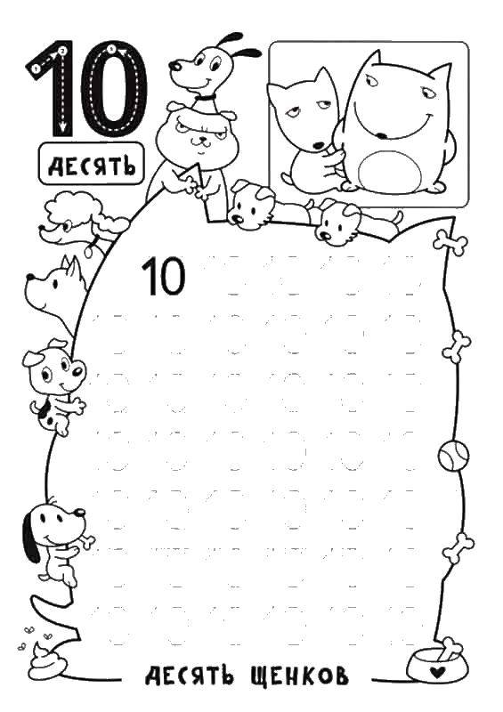 Coloring Ten puppies. Category mathematical coloring pages. Tags:  puppies, dogs.