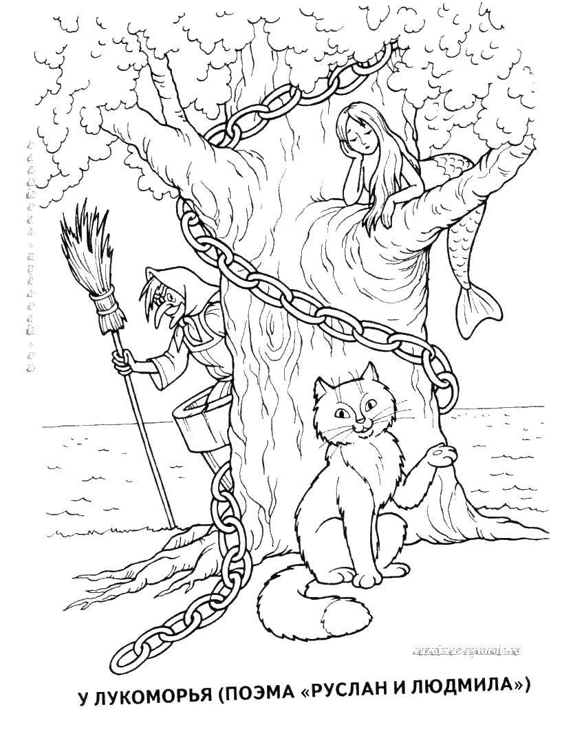 Название: Раскраска Русалка на дереве и говорящий кот. Категория: Сказки. Теги: Руслан, людмила.