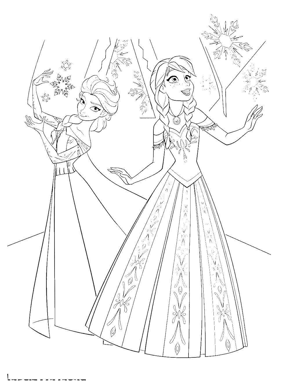 Название: Раскраска Анна и эльза ловят снежки. Категория: Диснеевские мультфильмы. Теги: Анна, Эльза.