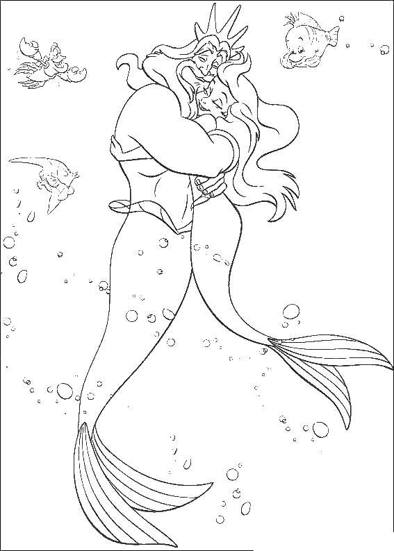 Название: Раскраска Ариэль и король нептун обнимаются. Категория: Диснеевские мультфильмы. Теги: Ариэль, русалка.