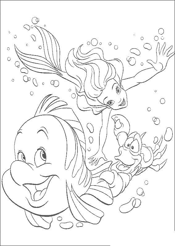 Название: Раскраска Ариэль и рыбка флаундер. Категория: Диснеевские мультфильмы. Теги: Ариэль, русалка.