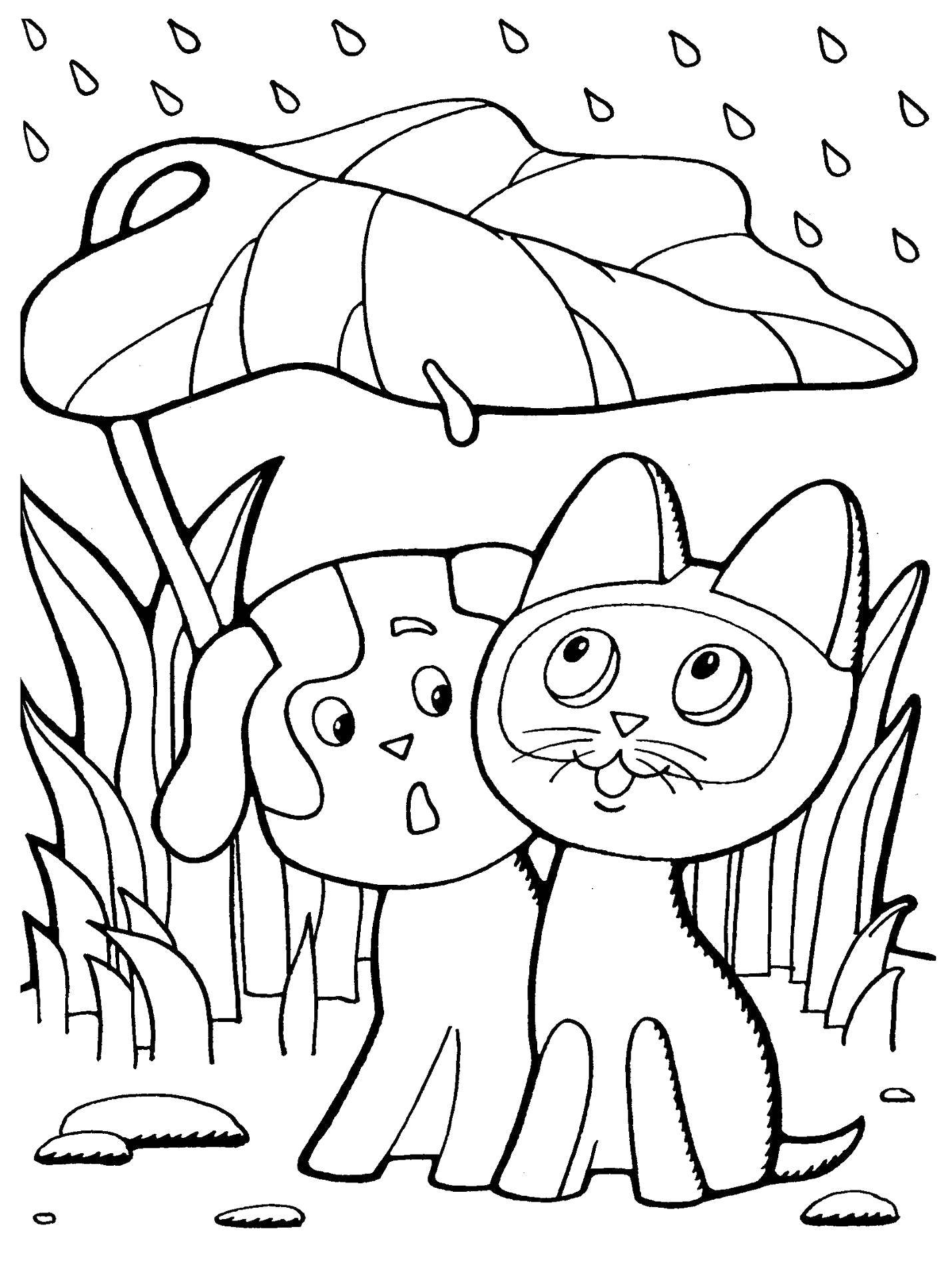 Coloring Kitten named woof and the puppy hid under a leaf. Category Fairy tales. Tags:  Tales, "Kitten named woof".