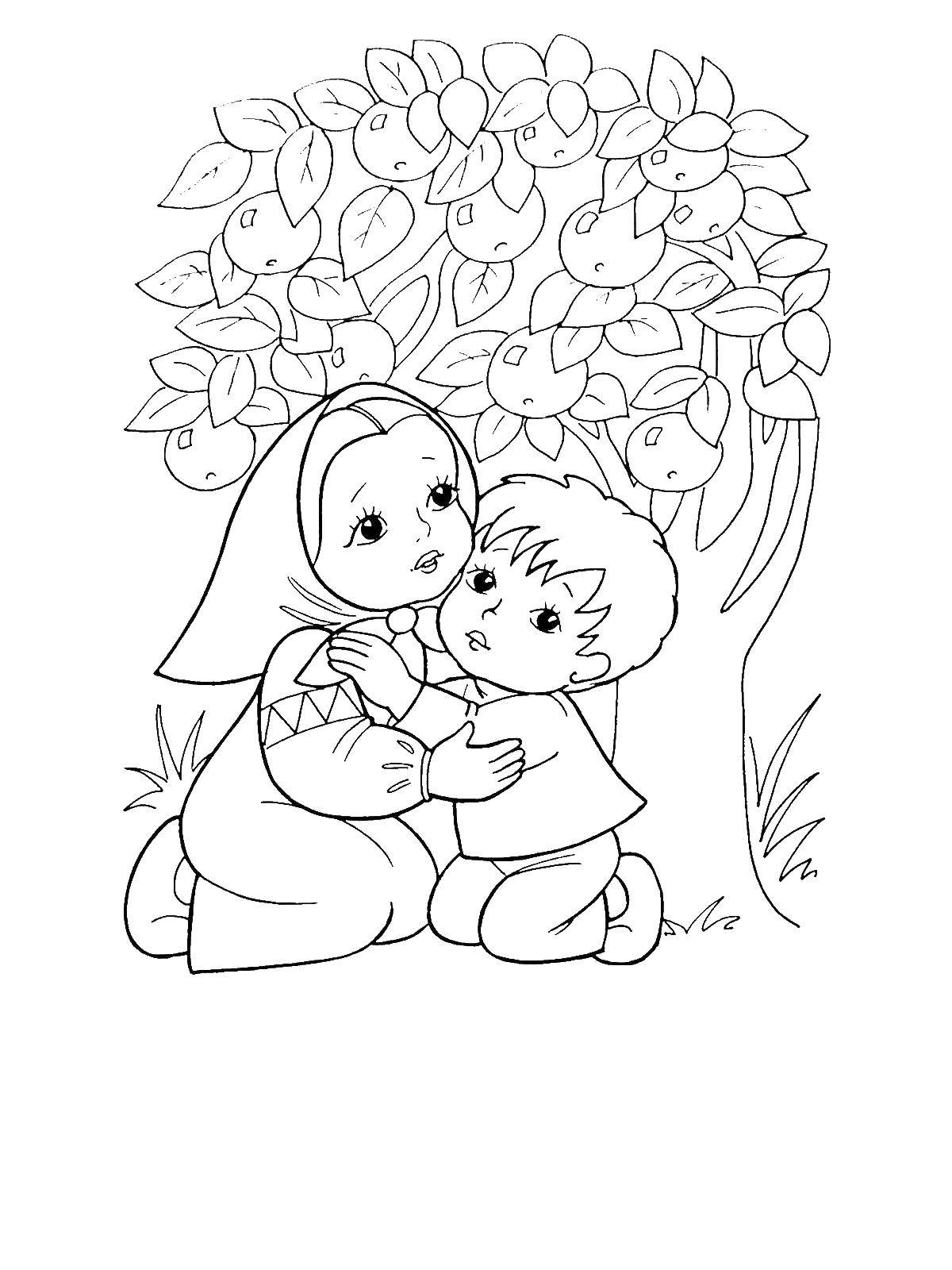 Название: Раскраска Сестрица алёнушка и братец иванушка сидят под яблоней. Категория: Сказки. Теги: Сказки, Гуси-Лебеди.