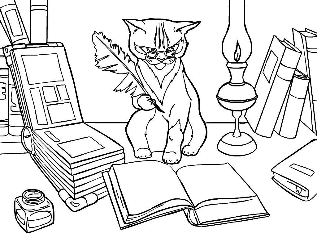 Coloring Smart cat-writer. Category Animals. Tags:  Animals, cat.