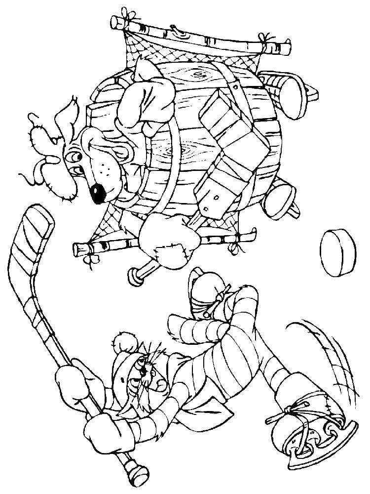 Название: Раскраска Кот матроскин и шарик из простоквашино играют в хоккей. Категория: Советские раскраски. Теги: Персонаж из мультфильма, "Простоквашино".