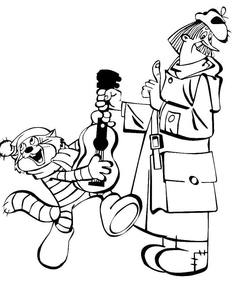 Название: Раскраска Кот матроскин  из простоквашино играет для почтальона печкина. Категория: Советские раскраски. Теги: Персонаж из мультфильма, "Простоквашино".