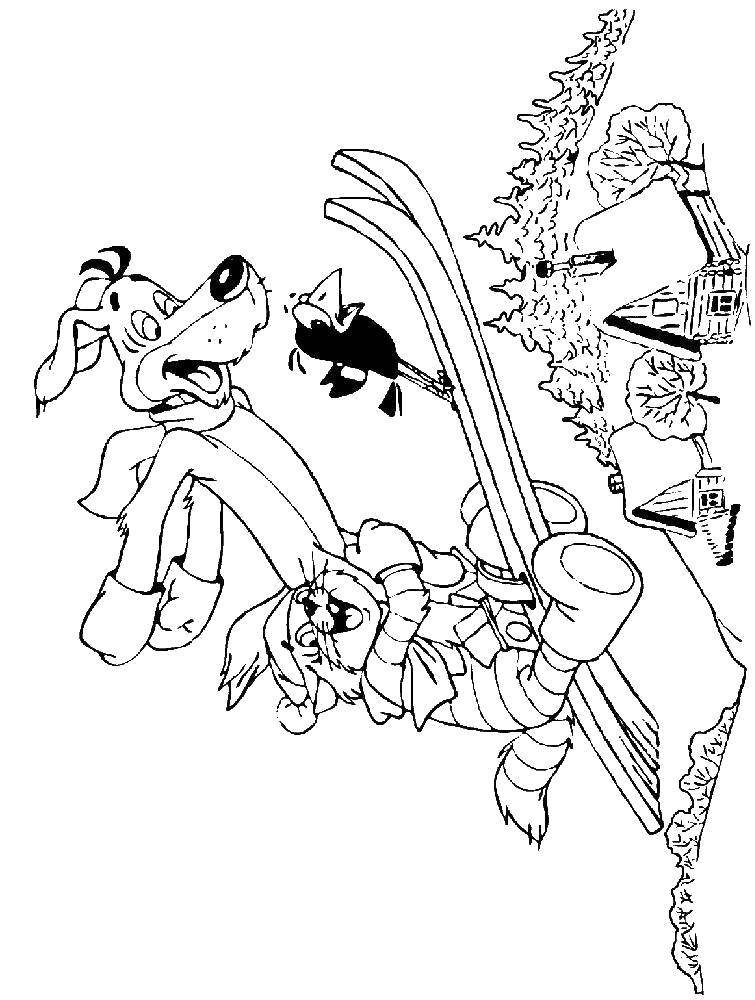Название: Раскраска Кот матроскин, шарик и галчонок из простоквашино катаются на лыжах. Категория: Советские раскраски. Теги: Персонаж из мультфильма, "Простоквашино".