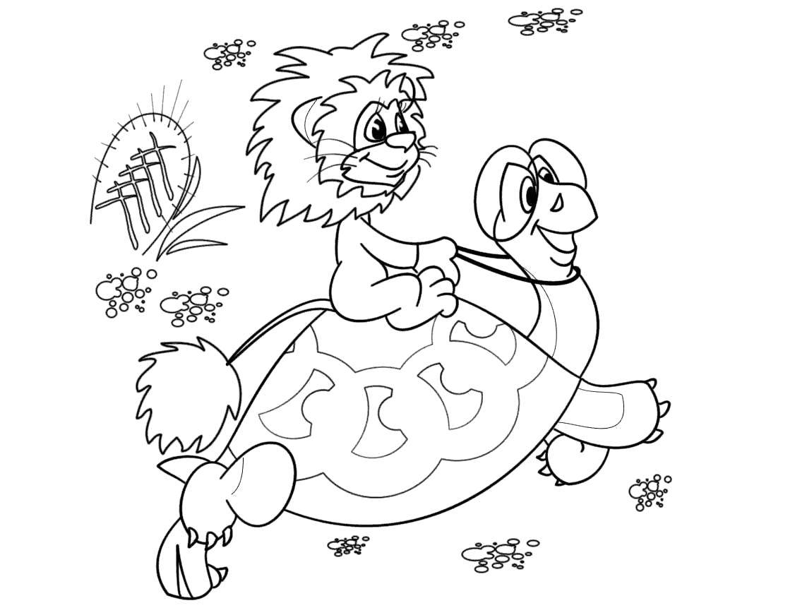 Coloring Lion and turtle cartoon. Category Soviet coloring. Tags:  Cartoon character, lion, turtle.