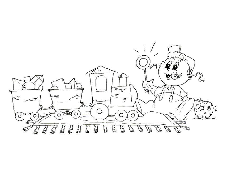 Розмальовки  Хлопчик грає з паровозом. Завантажити розмальовку Поїзд, хлопчик.  Роздрукувати ,поїзд,