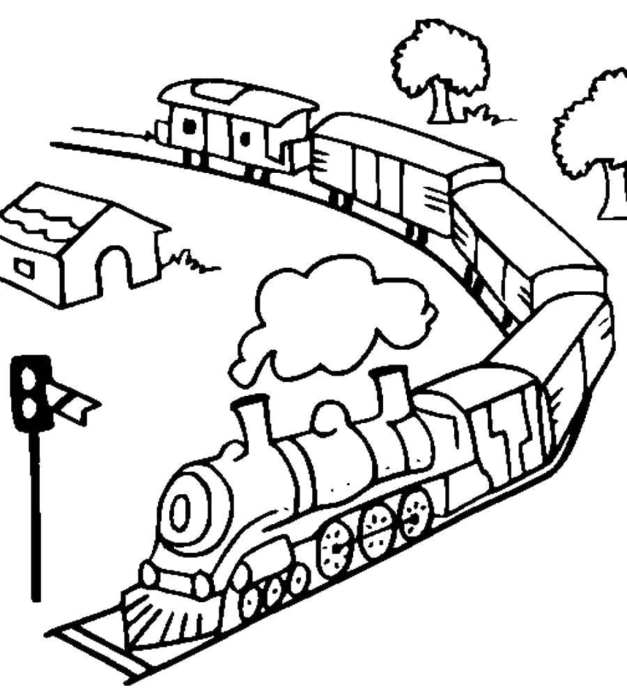 Розмальовки  Паровоз з вагонами. Завантажити розмальовку паровоз.  Роздрукувати ,поїзд,