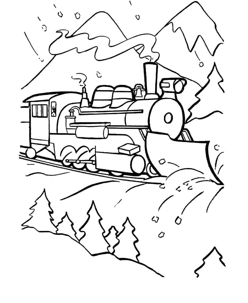 Опис: розмальовки  Паровозик їде через зимовий ліс. Категорія: поїзд. Теги:  Паровозик, ліс, зима.