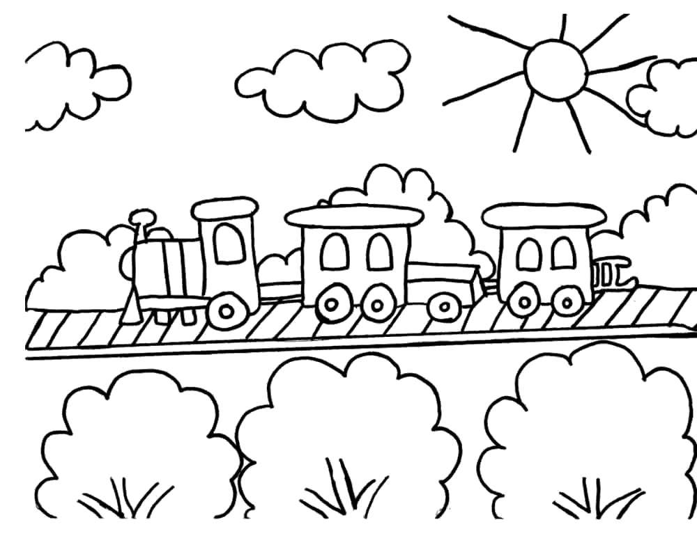 Розмальовки  Поїзд їде в сонячний день. Завантажити розмальовку Потяг, рейки.  Роздрукувати ,поїзд,