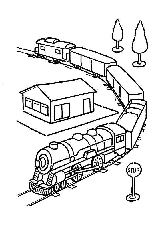 Розмальовки  Поїзд проїжджає мимо будиночка. Завантажити розмальовку Потяг, рейки.  Роздрукувати ,поїзд,
