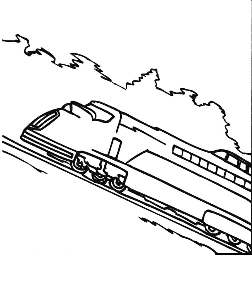 Розмальовки  Швидкісний поїзд поспішає по рейках. Завантажити розмальовку Потяг, рейки.  Роздрукувати ,поїзд,
